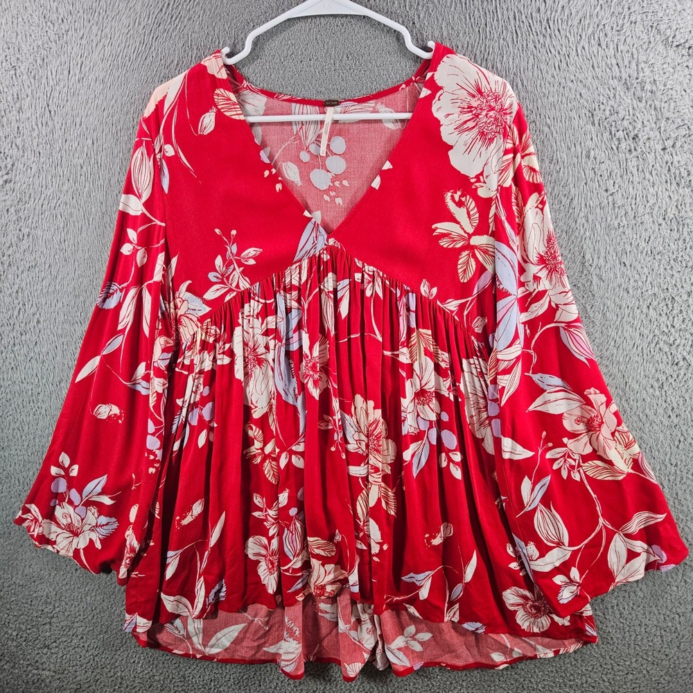 Free People Red Floral Babydoll Tunic Top V-Neck Bell Sleeve XS